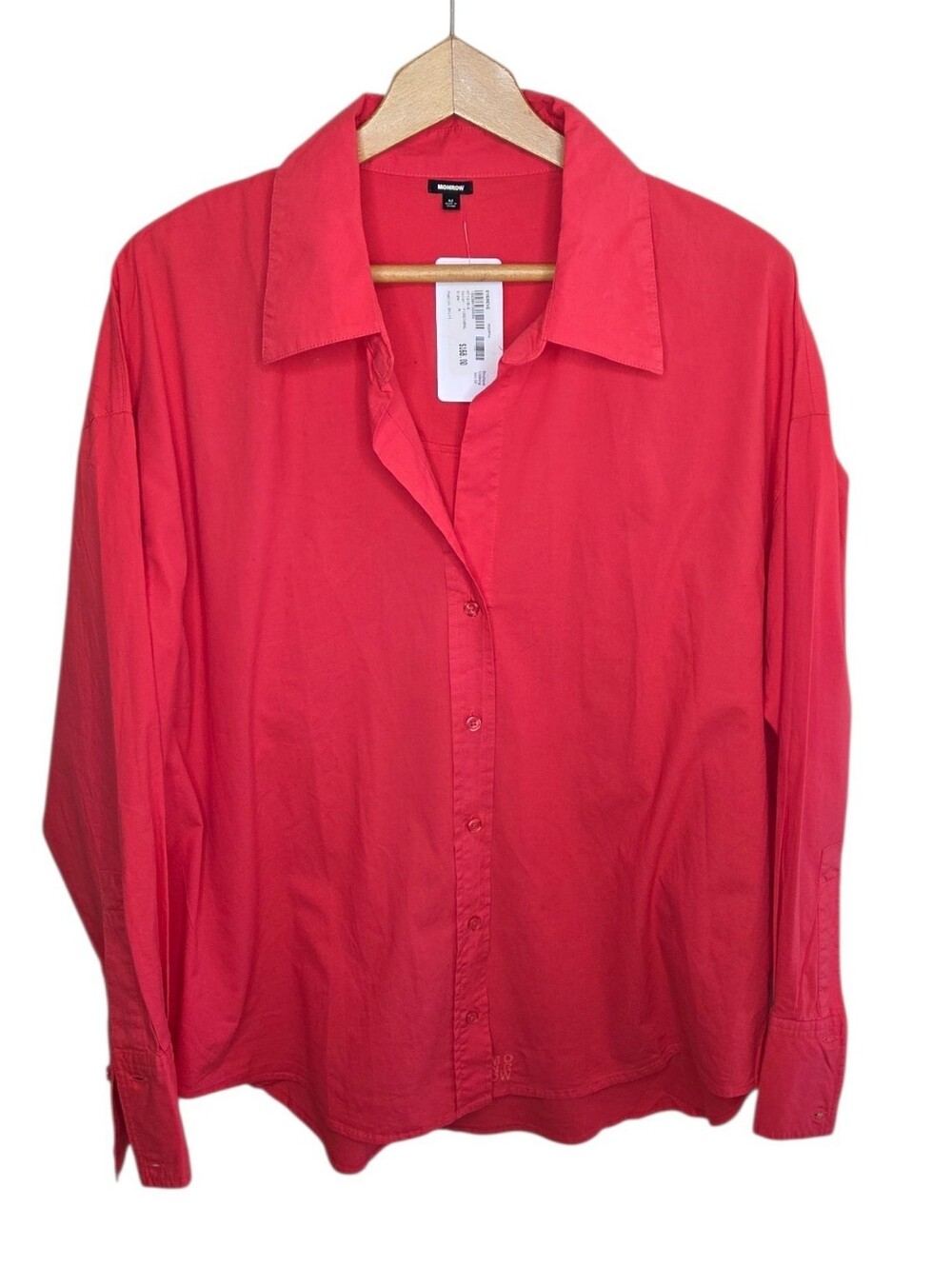 NWT Monrow Evereve Coral Button Front Poplin V-neck Oversized Shirt Size Medium